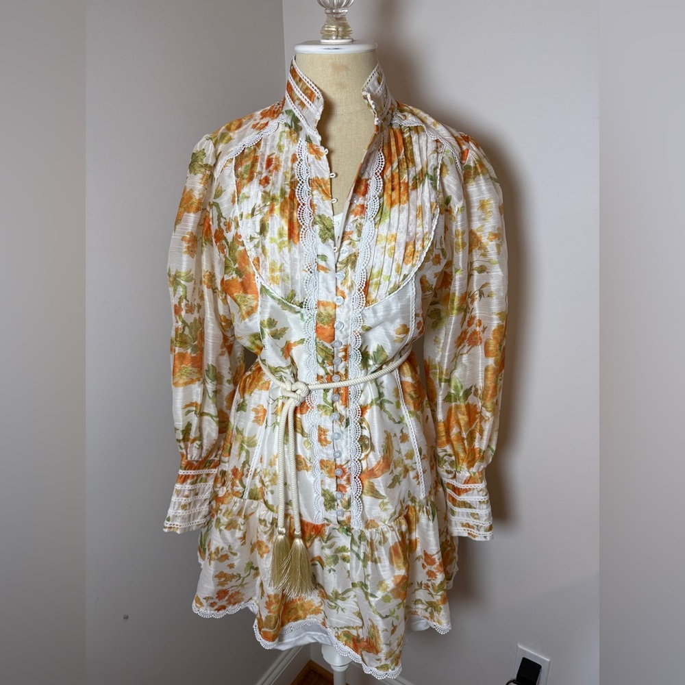 Alemais Songbird Floral Mini Dress with Lace Trim XS 0/2
